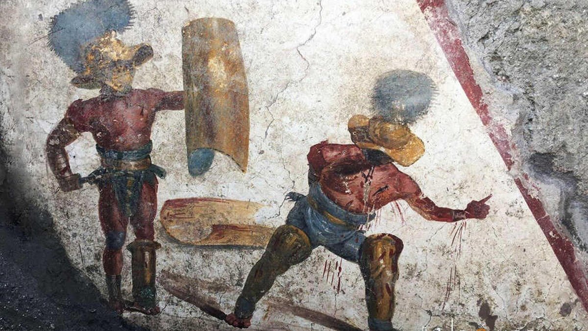 Удивительная фреска, найденная в Помпеях, показывает финал гладиаторского поединка